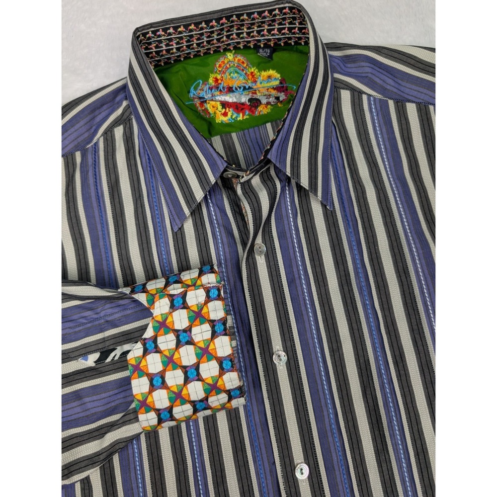 Robert Graham Button Up Shirt Men's XL Purple Striped Flip Cuff Pleated Front